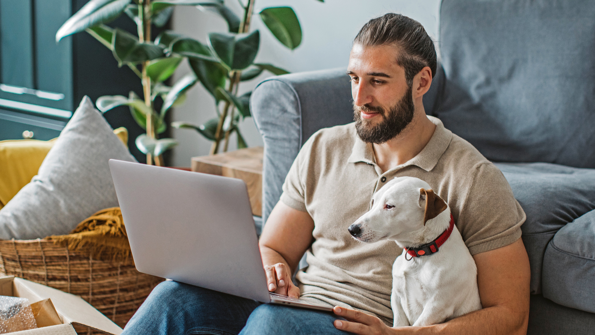 Man on laptop using Bill Pay service, with cute dog on his lap.