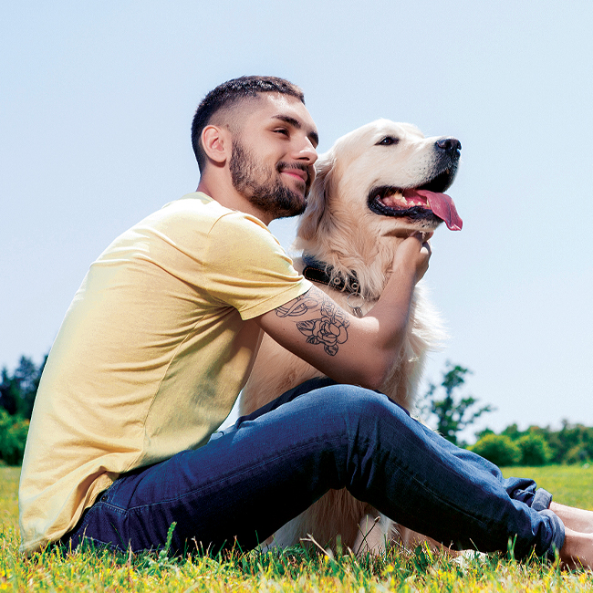 A young man and his Golden Retriever ponder what to do with the money they have saved.