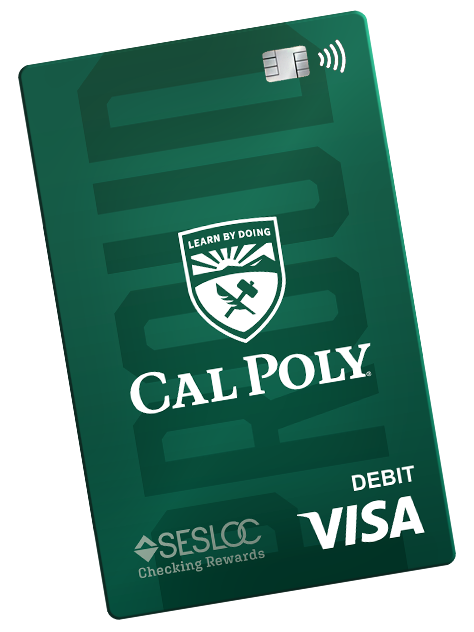SESLOC HomeFREE Checking Visa debit card with a Cal Poly design