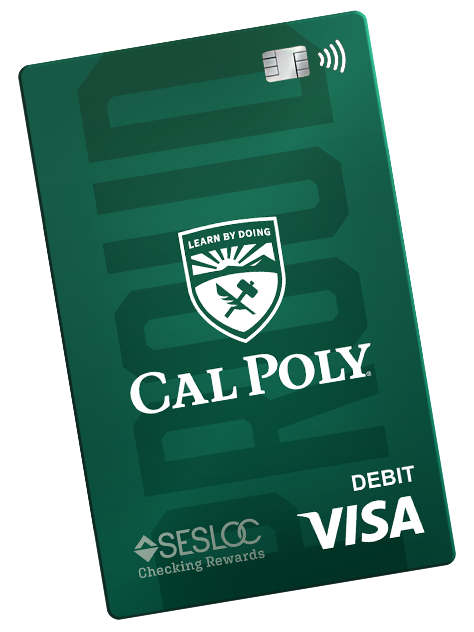 SESLOC HomeFREE Checking Visa debit card with a Cal Poly design